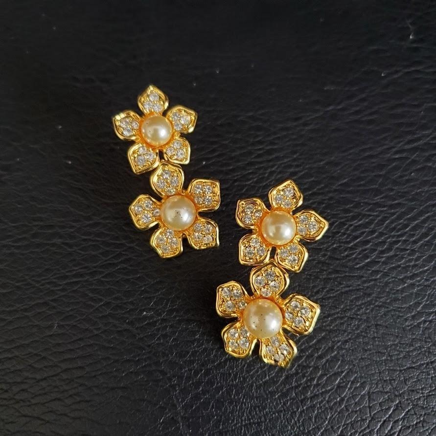 Nolan Miller Vintage Gold Tone Double Flower Faux Pearl Crystal Pierced Earrings